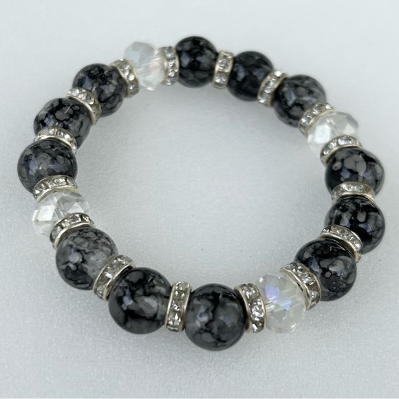 Gray Glass Beads 10mm Stretch Bracelet Rhinestone Rondelle Spacers - Picture 3 of 4